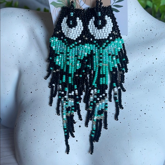Green and Black Dramatic Fringe Earrings - Picture 2 of 4